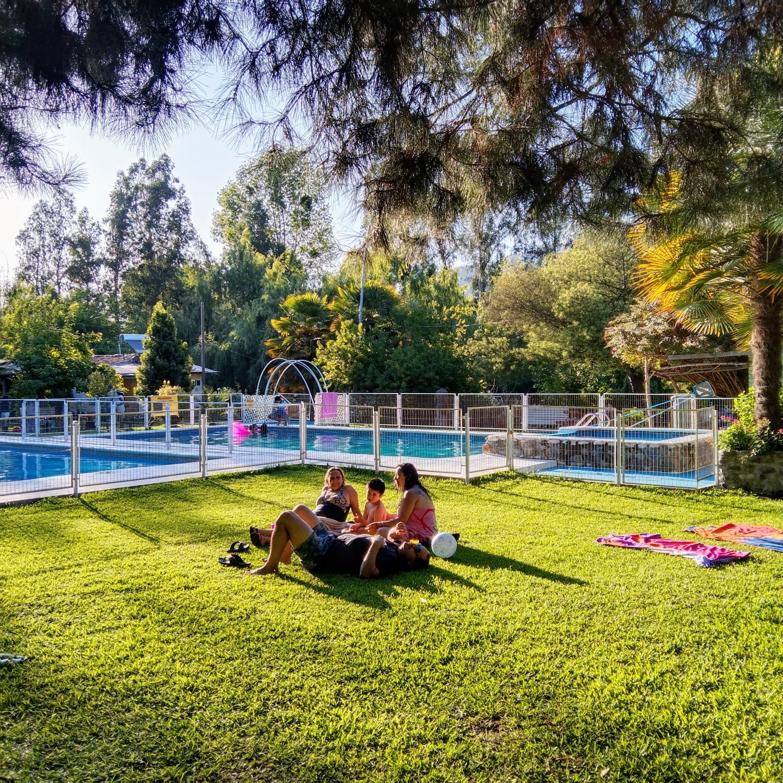 Visitantes disfrutando del césped junto a la piscina